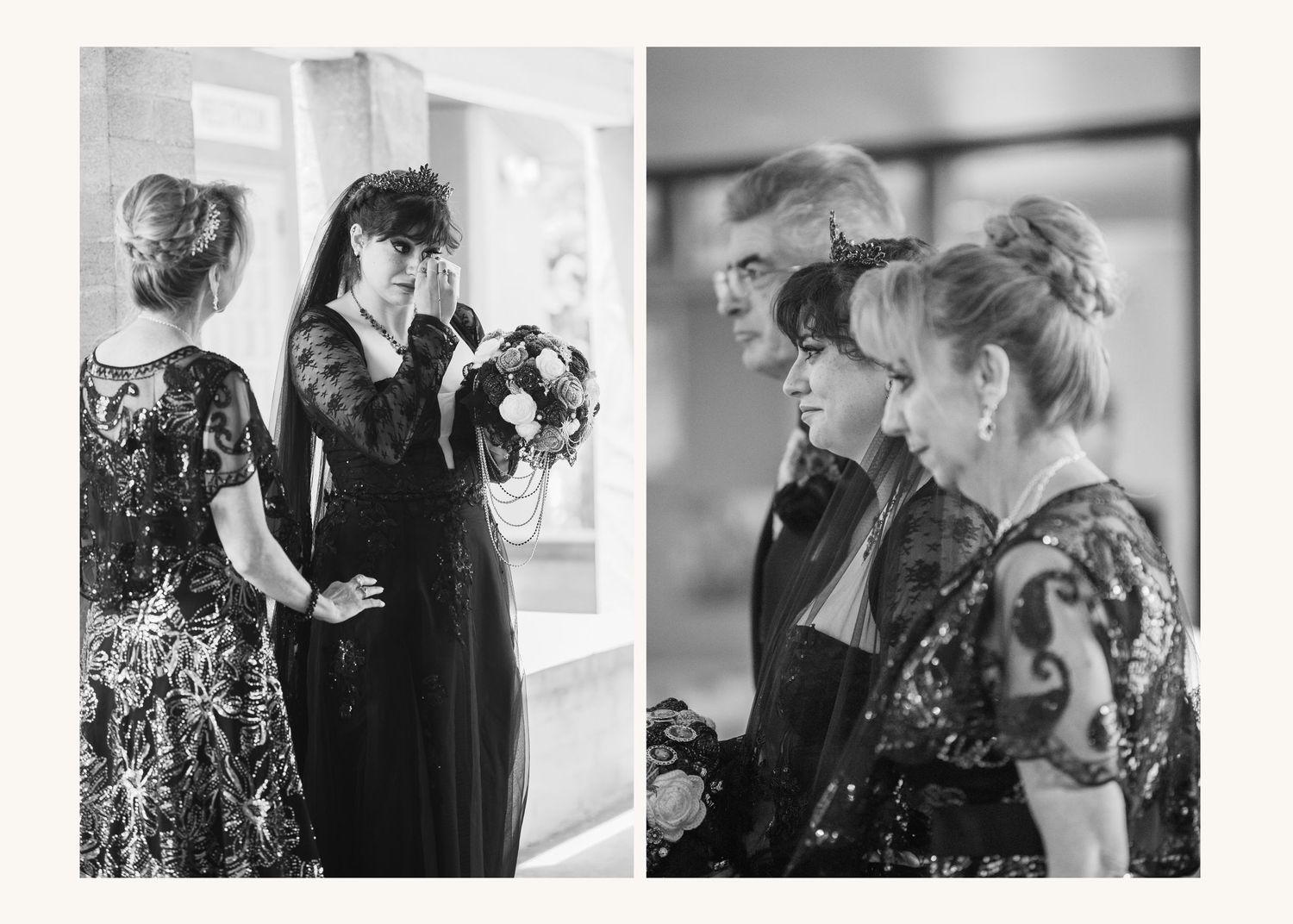 Black and white wedding photo showing bridesmaids in lace dresses sharing emotional moments with the bride holding a bouquet.