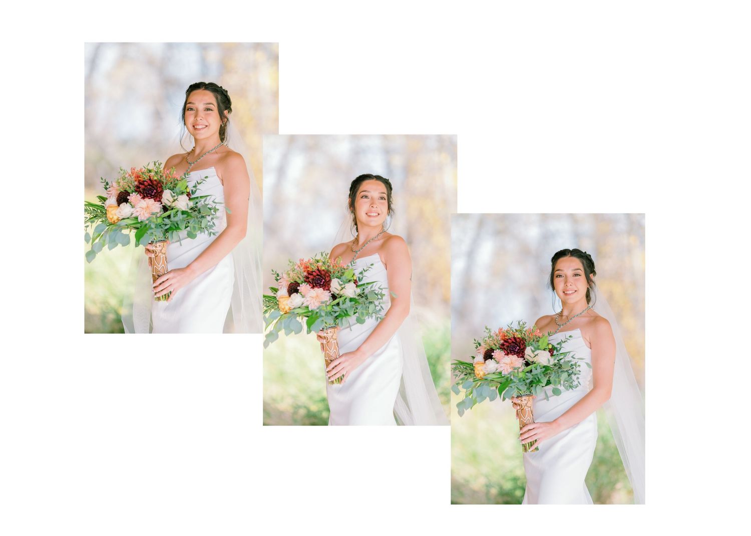 A beautiful bridal bouquet features lush pink and ivory flowers with trailing greenery in an organic style arrangement.