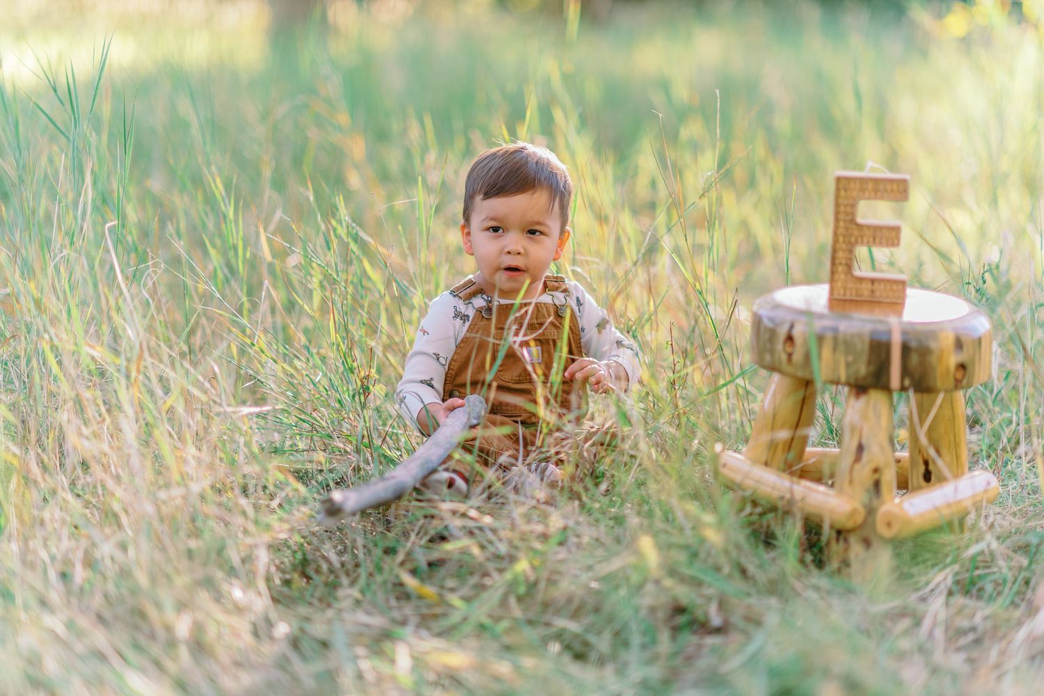 A small child sits in tall grass at golden hour with wooden letter blocks and rustic decor nearby.