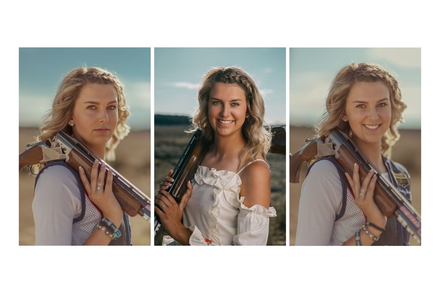 Three portraits of a young blonde woman holding a rifle outdoors in a field, wearing a white top.