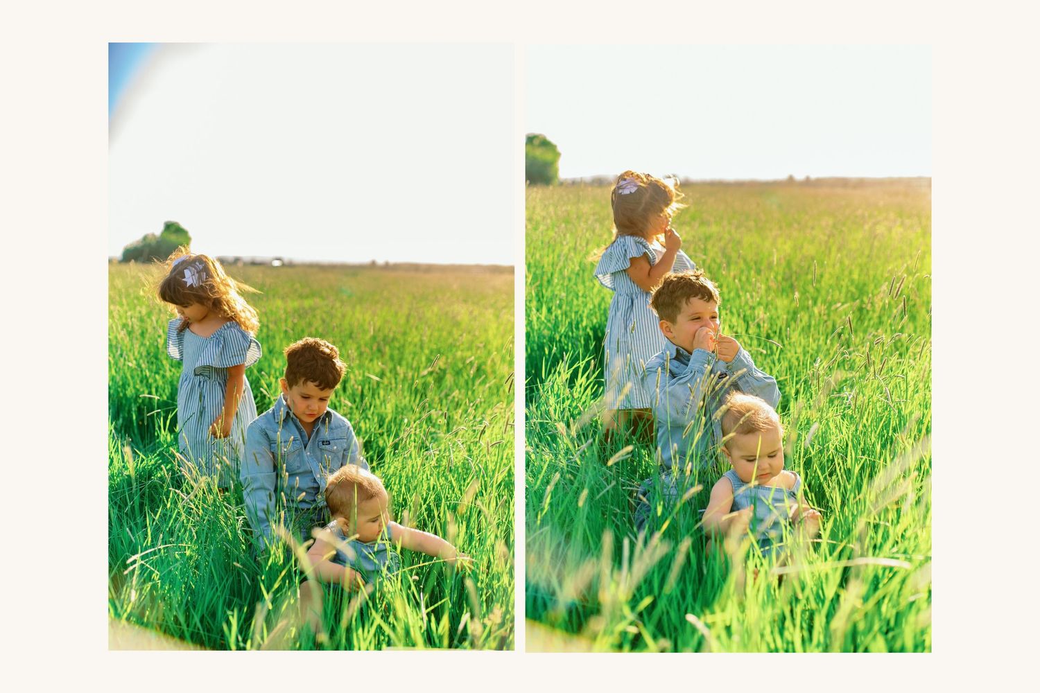 Children playing together in a lush green field on a sunny day, captured in a warm, nostalgic film-style photo.
