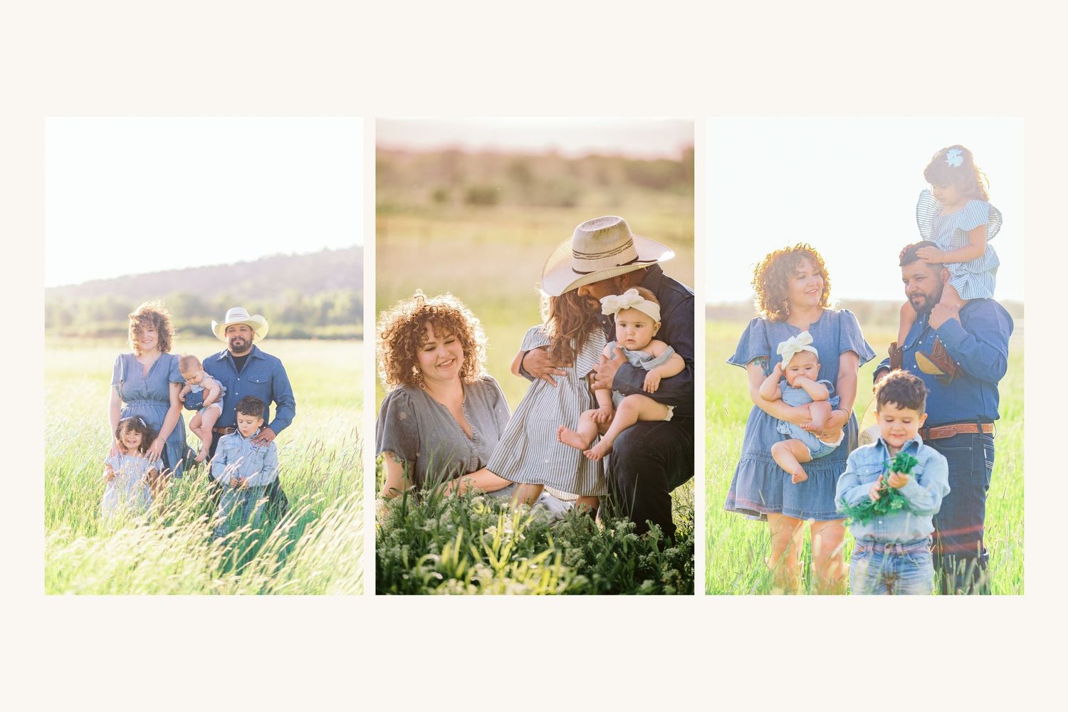 Family portrait session in a green field, parents and children posing together in natural light outdoor photography.