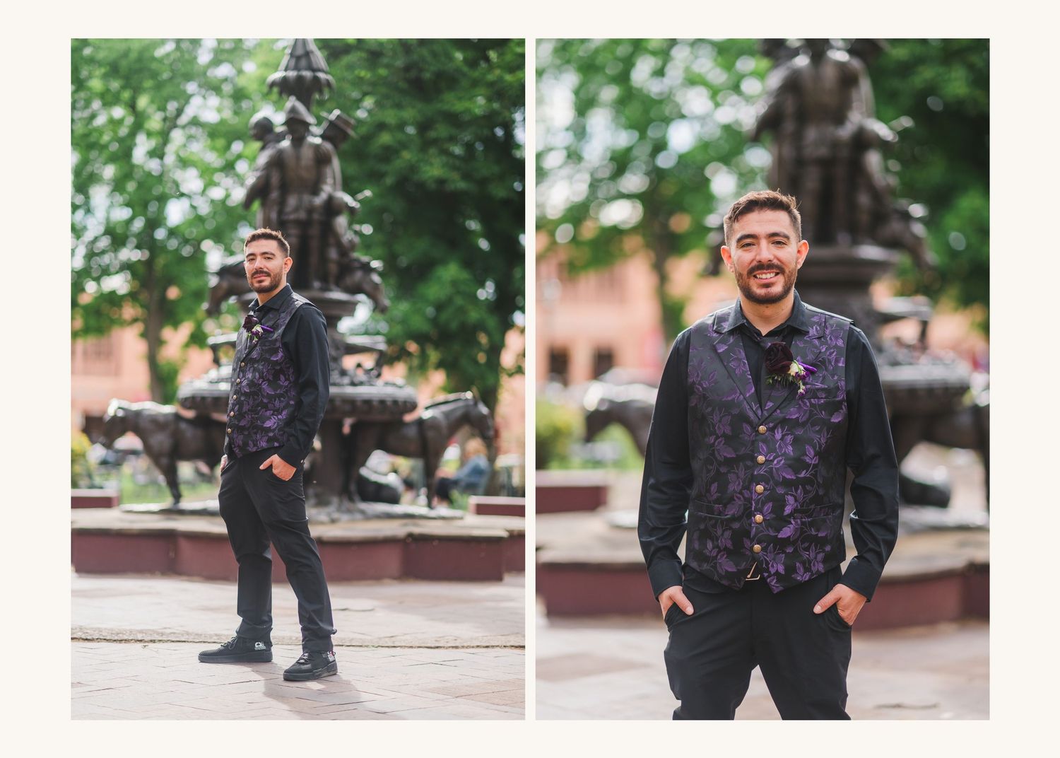 Smiling man in floral vest poses outdoors near bronze sculpture fountain in urban plaza setting.