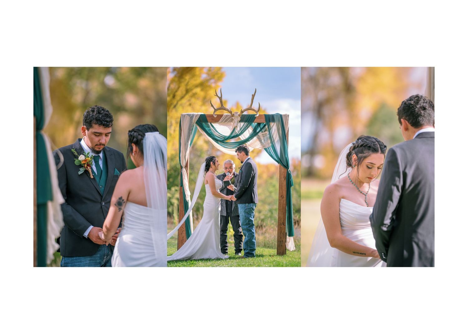 A series of intimate outdoor wedding photography moments showing couples embracing during a golden autumn ceremony.
