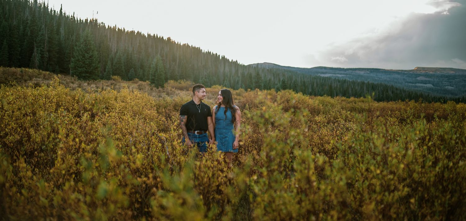 Couple holding hands in a lush mountain meadow surrounded by pine trees at golden hour.