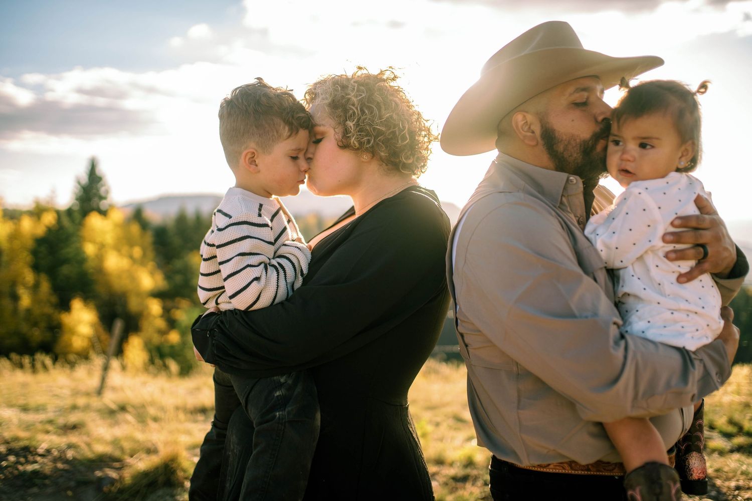 A collection of intimate family portraits taken at golden hour showing loving embraces and tender moments in outdoor settings.