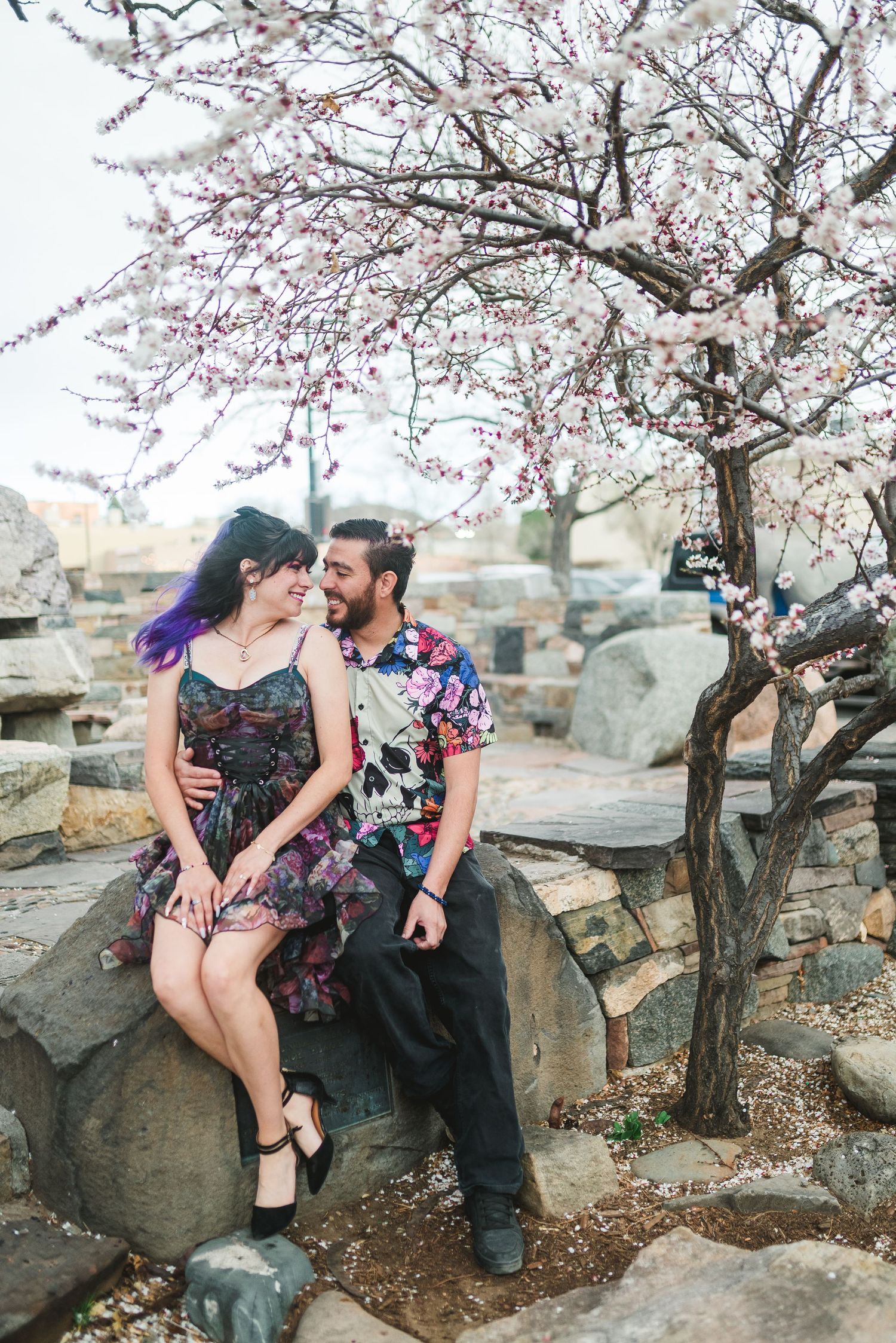 Couple sitting on rocks under blooming cherry blossom tree, woman with purple hair in floral dress, man in skull shirt.