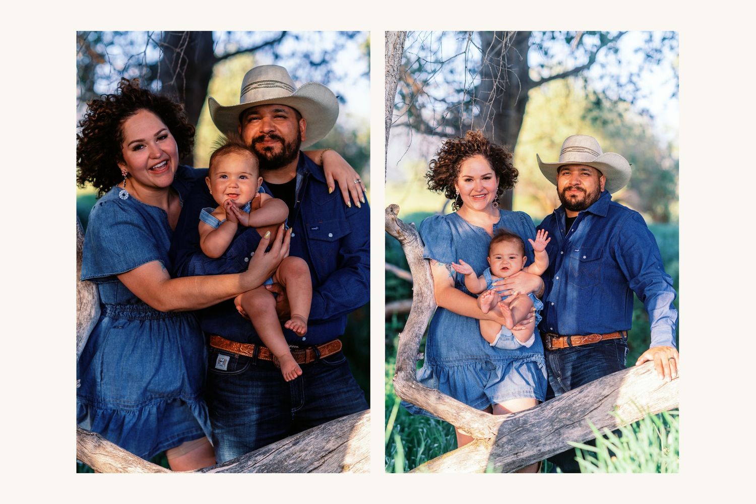 Family portrait of couple in matching denim outfits holding baby, posing outdoors near trees in a rustic setting.