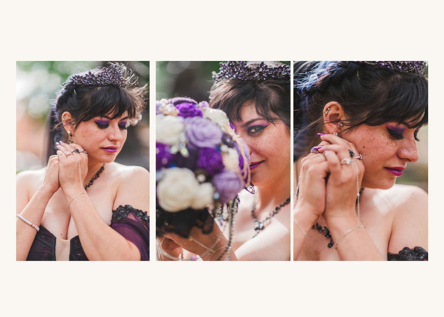 A bride in a black gown adjusts her earring in three close-up photos, holding a purple and white bouquet.