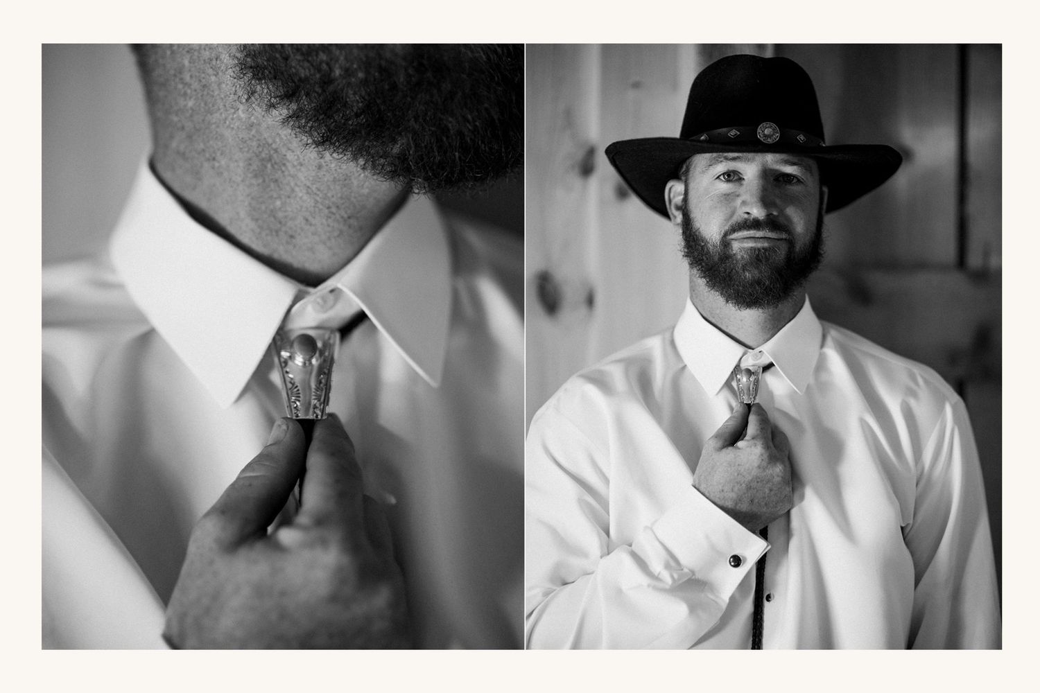 Black and white diptych of groom adjusting boutonniere and posing in cowboy hat with bolo tie on wedding day.