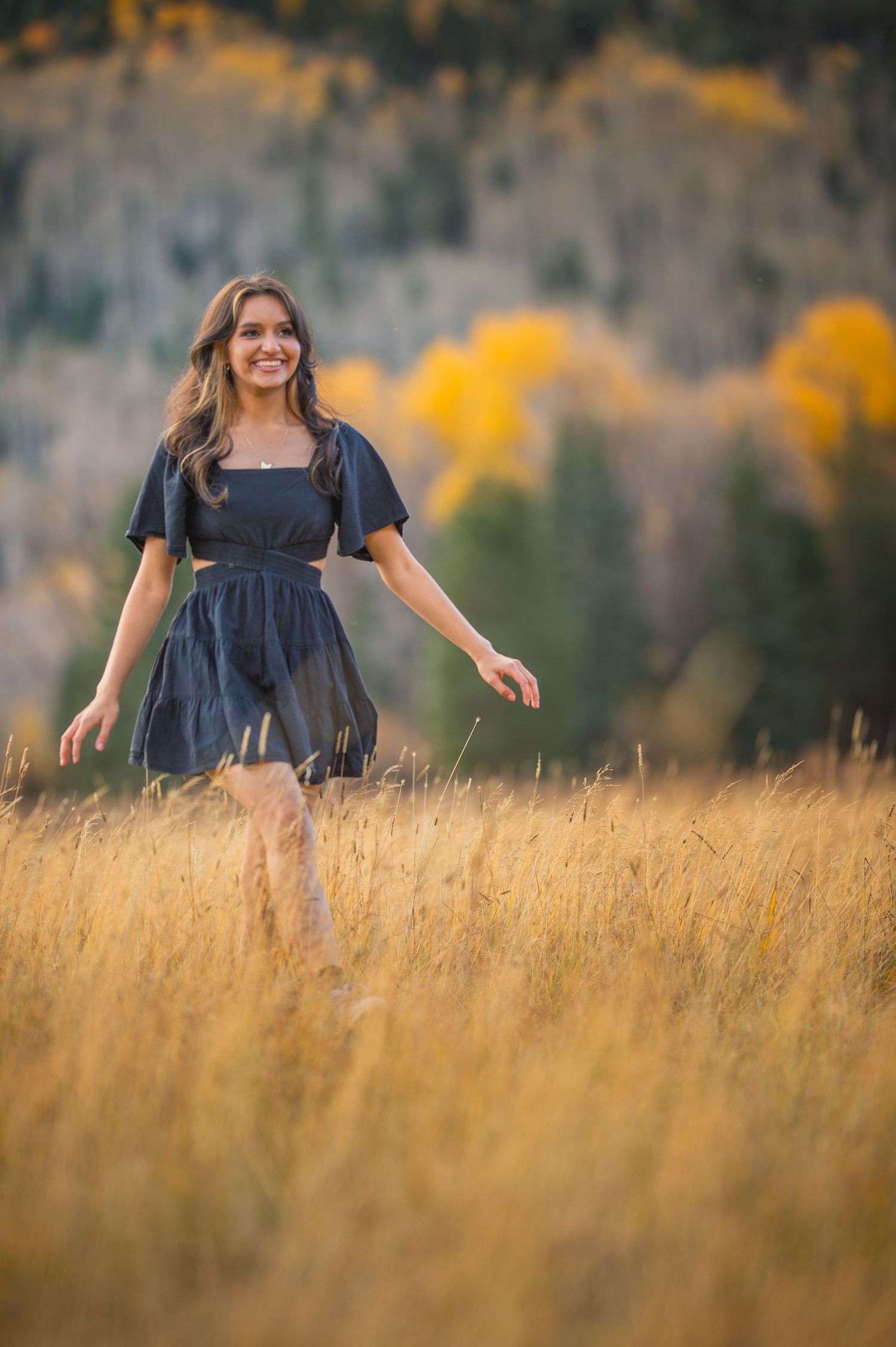 Someone in a navy blue dress walks through a golden wheat field at sunset with mountains in the background.