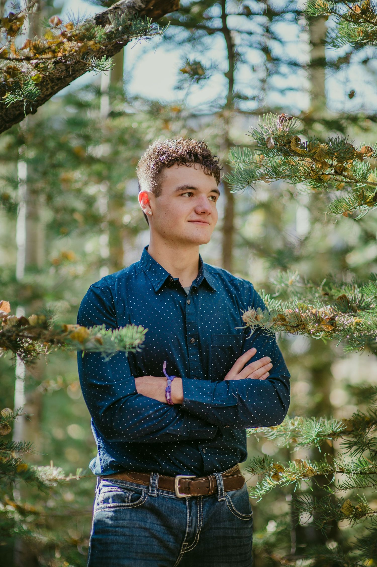 Young man in blue shirt stands arms crossed among pine trees, gazing thoughtfully in a serene forest setting.