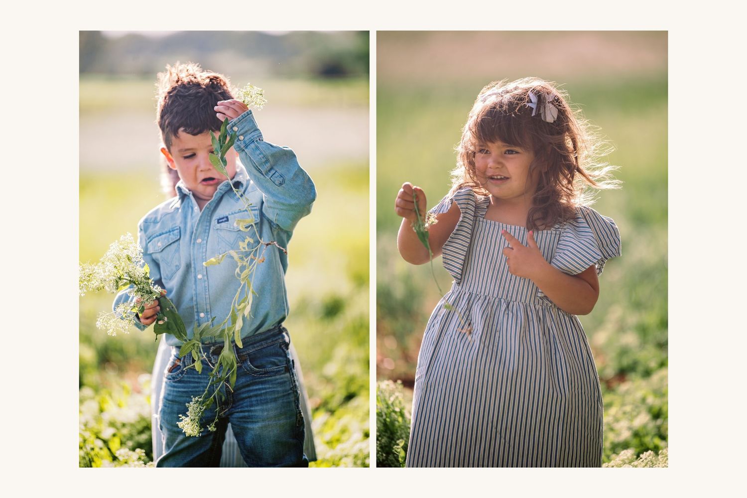 Two young children playing in a sunny green field, a boy holding wildflowers and a girl laughing with a hair bow.