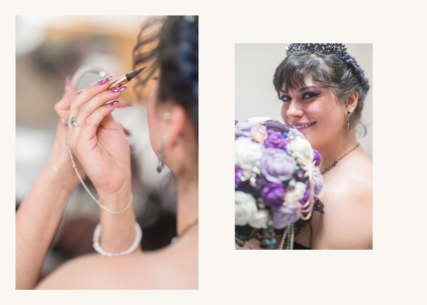 Bride getting makeup done before wedding, holding bouquet of purple and white flowers wearing tiara and pearl necklace.