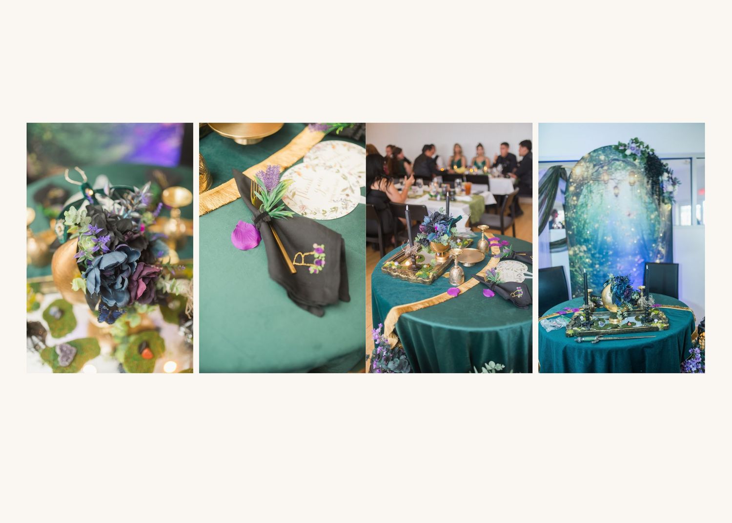 Elegant wedding reception decor featuring emerald green tablecloths, purple floral arrangements, and lush centerpieces.