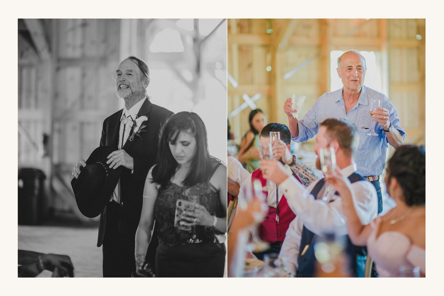 Wedding guests raising glasses for a toast at a reception, with a man in a blue shirt leading the celebration.