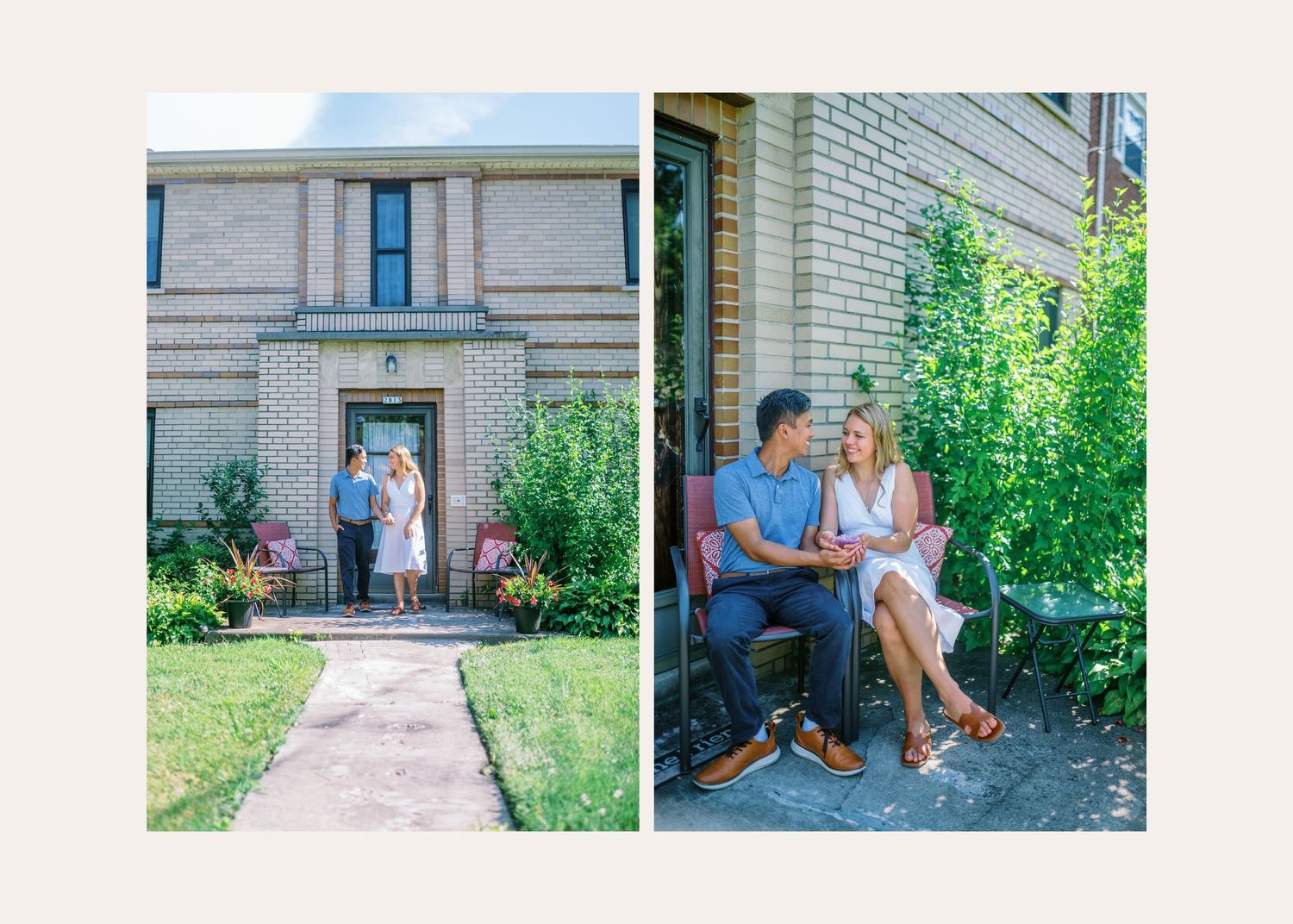 Two people sit comfortably together outdoors on stone steps leading to a brick building entrance.