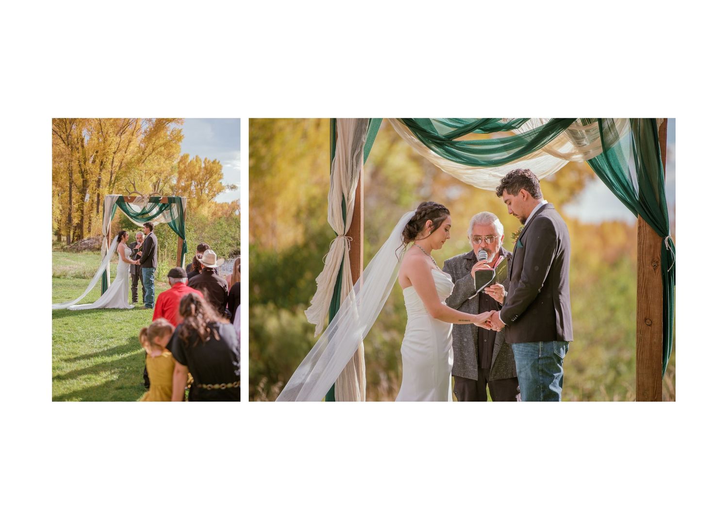 Two wedding ceremony scenes side by side showing outdoor celebrations with fall foliage.