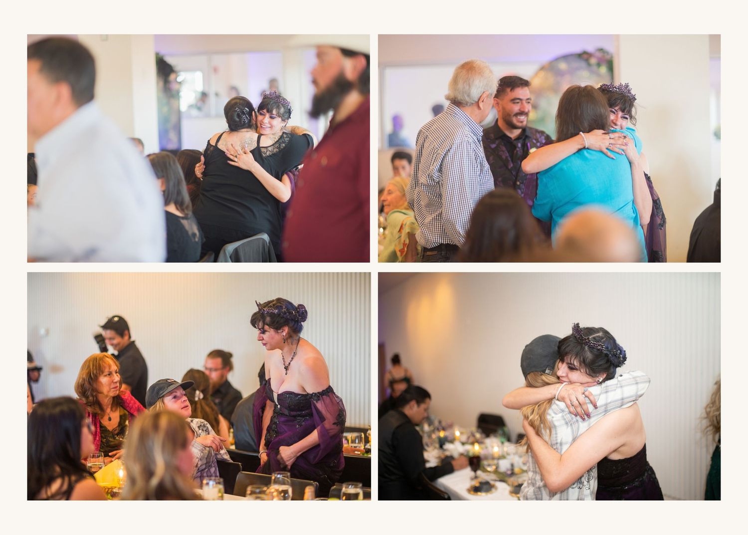 Guests hugging and socializing at an indoor party or reception event with warm lighting.