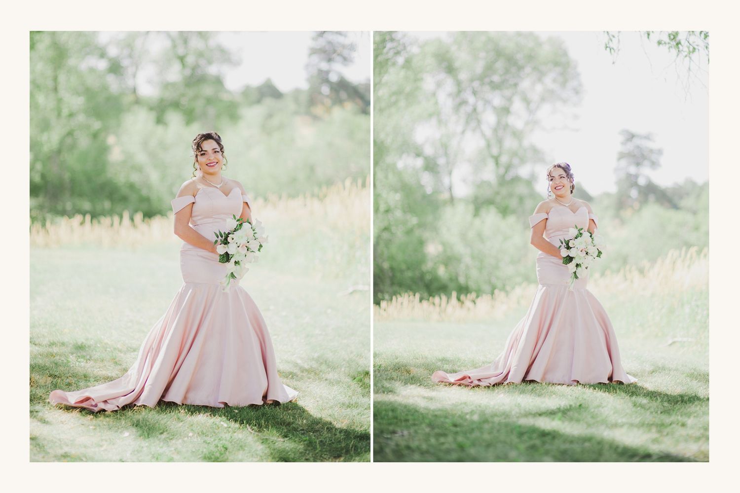 Bride in blush pink mermaid wedding gown holding white bouquet posing outdoors in lush green garden setting.