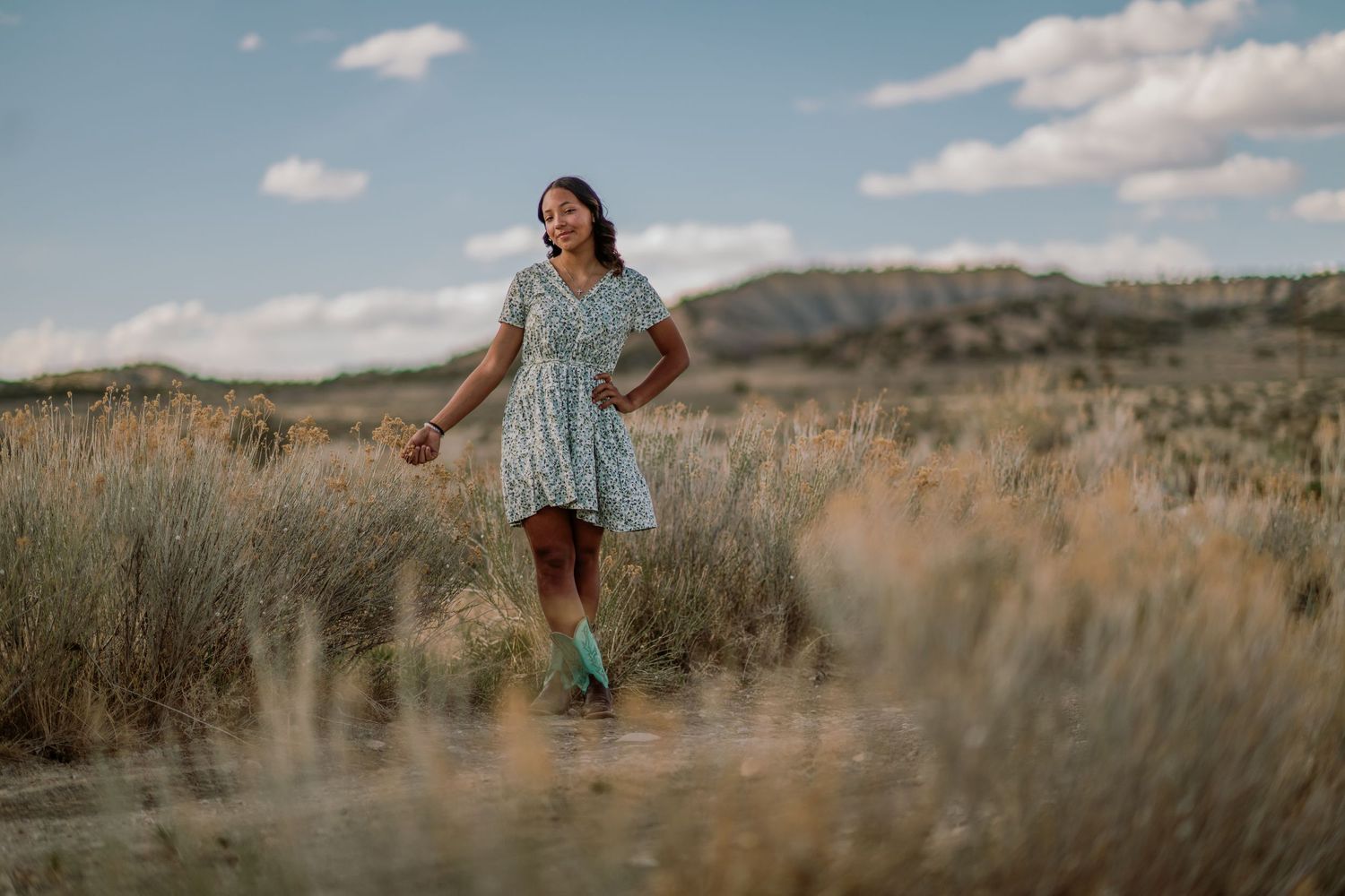 Figure sits in a field of tall grass under cloudy skies in a desert landscape during golden hour.