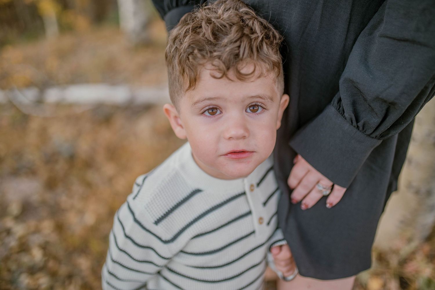 Small child wearing a striped sweater holds onto an adult's leg while standing outdoors in autumn.