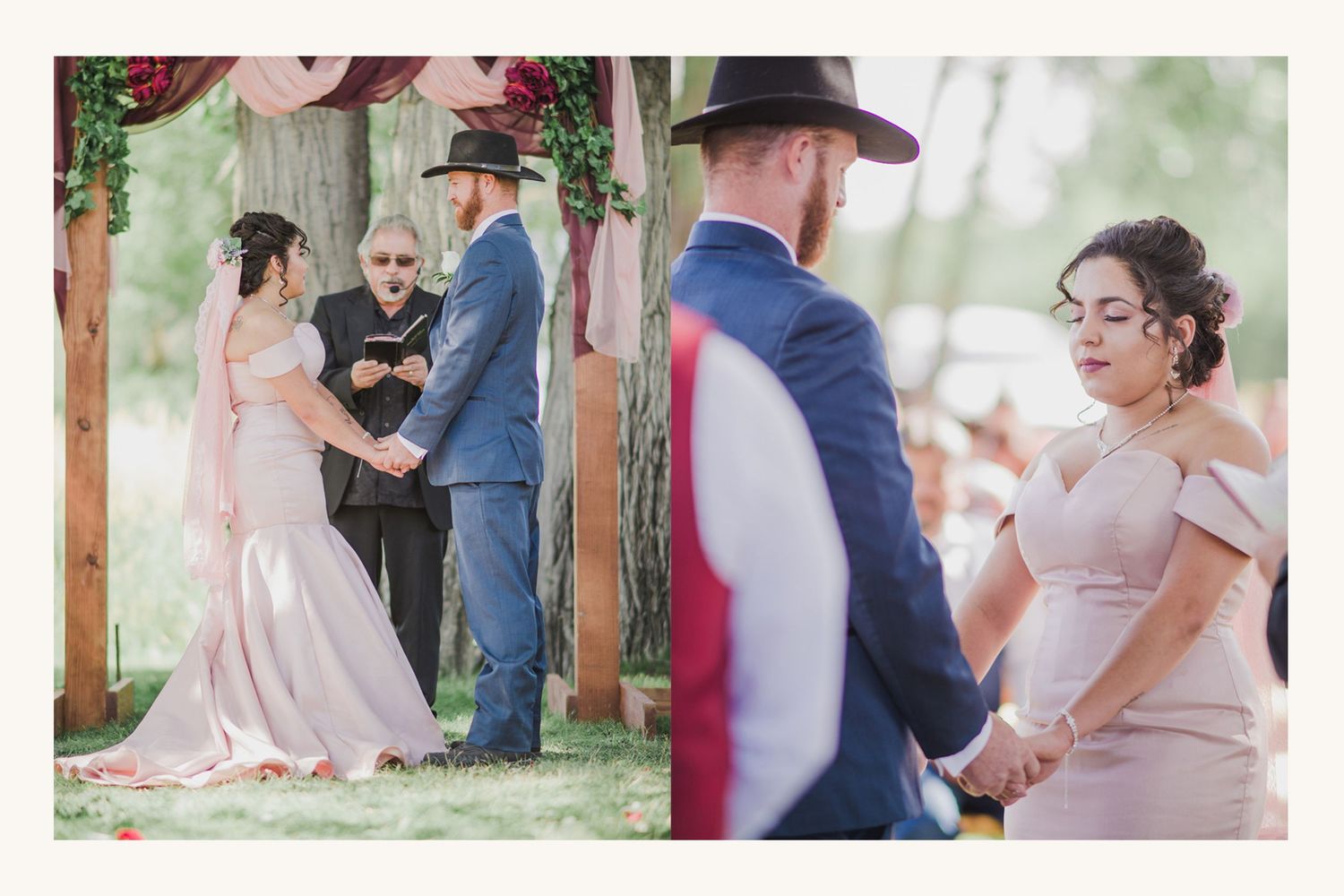 Outdoor wedding ceremony with couple holding hands before officiant, bride in pink gown, groom in navy suit and cowboy hat.
