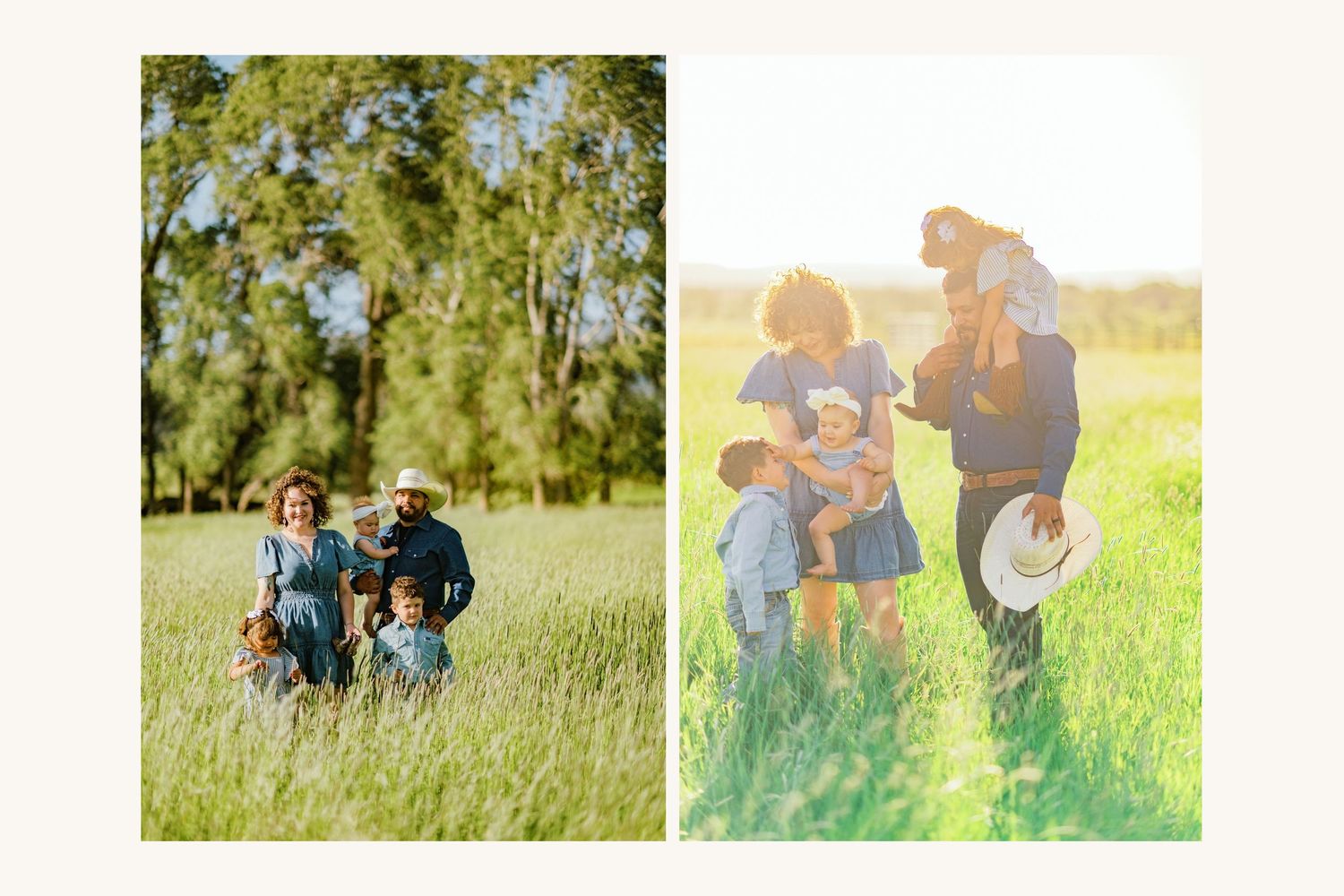 Family portrait in green field with trees, parents and children in coordinating denim outfits, golden hour outdoor photography.
