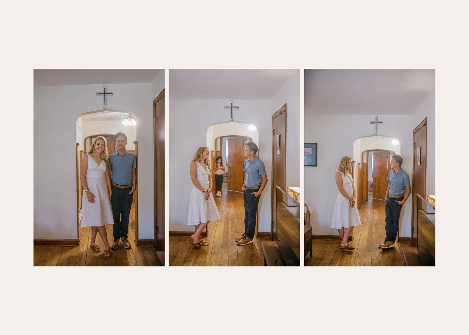 Three sequence photos of a couple in front of an interior doorway with a cross hanging overhead show them dancing.
