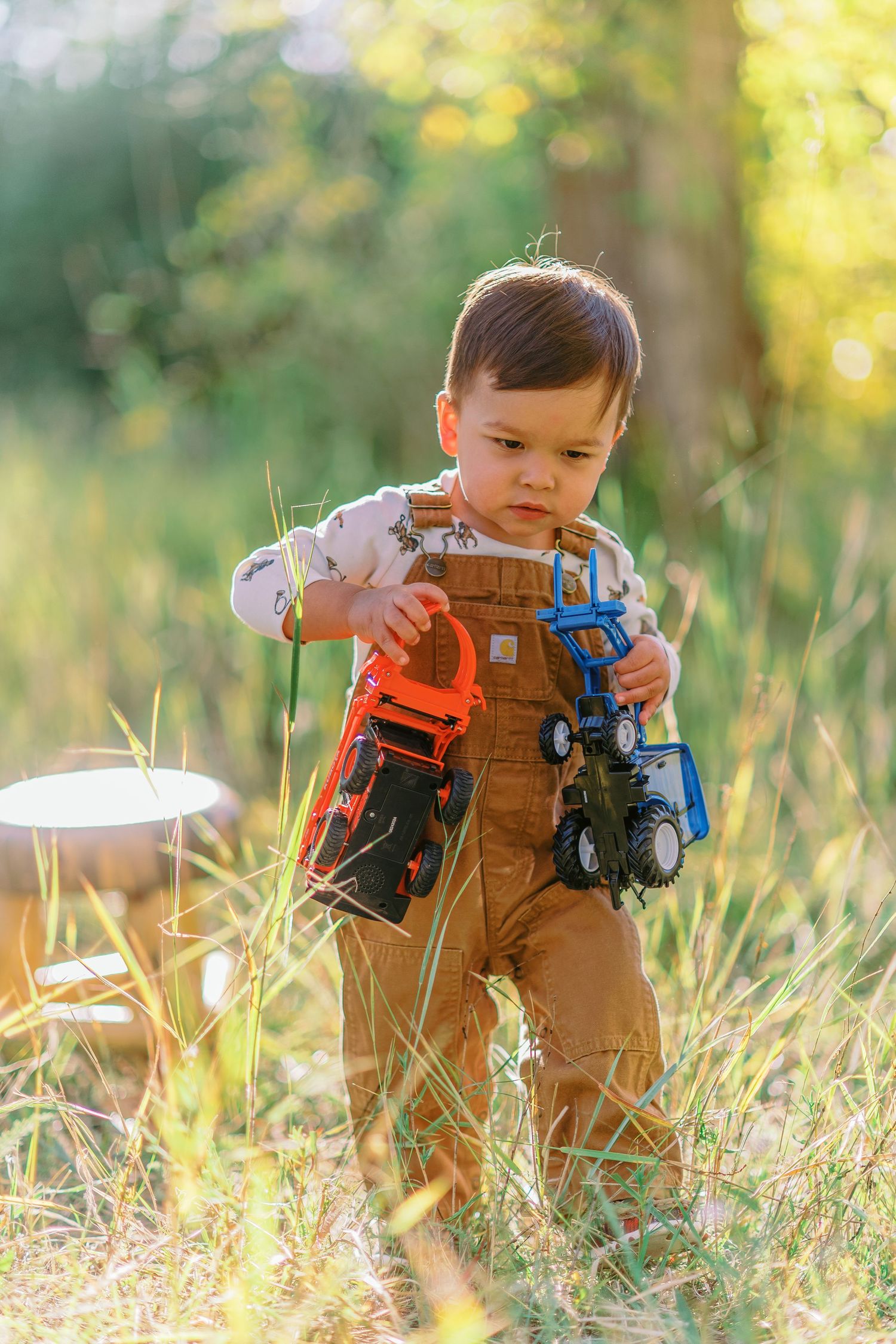 A child in brown overalls plays with toy trucks in tall grass on a sunny autumn day.