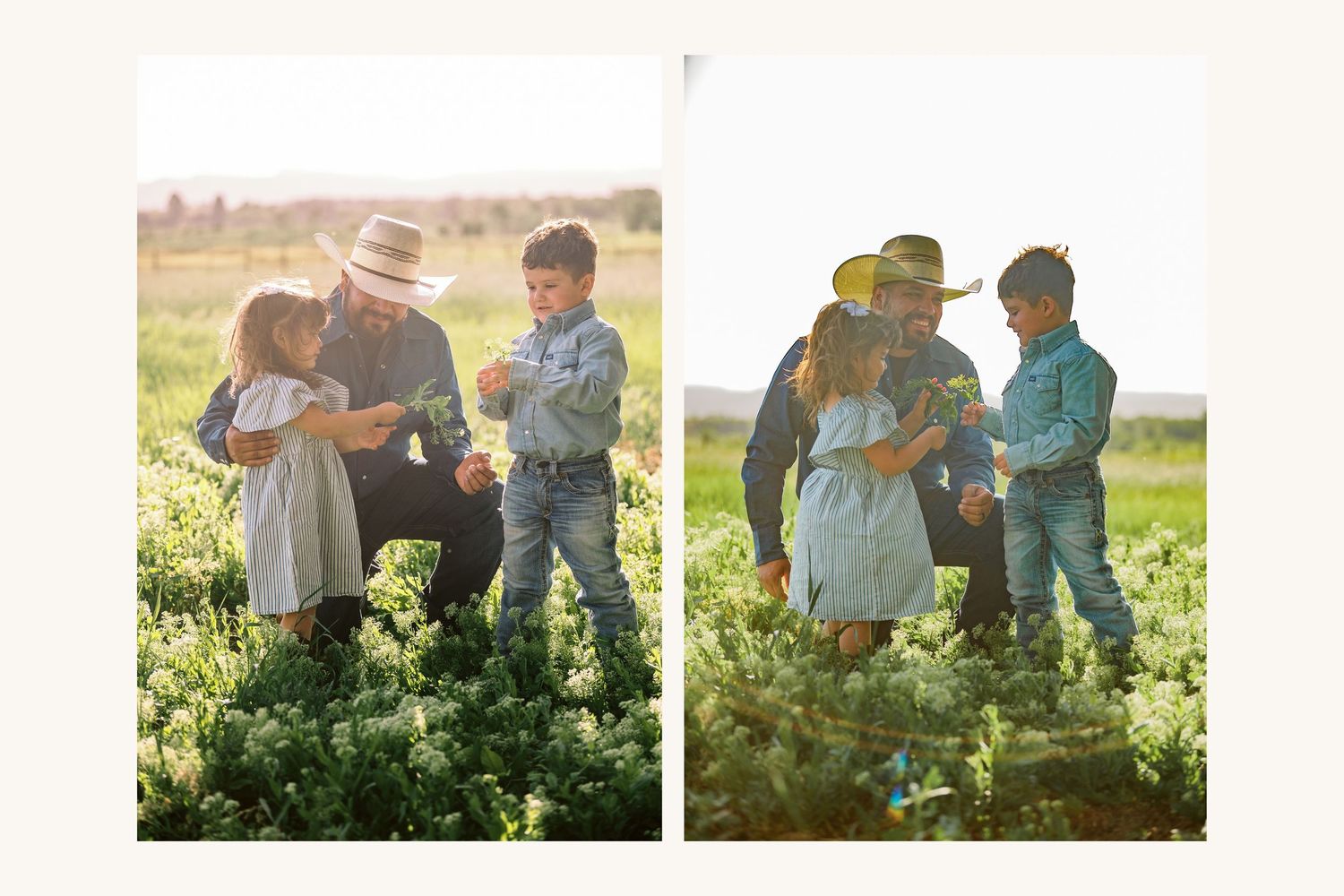 A grandfather crouches with two young children in a lush green field, sharing a tender family moment outdoors.