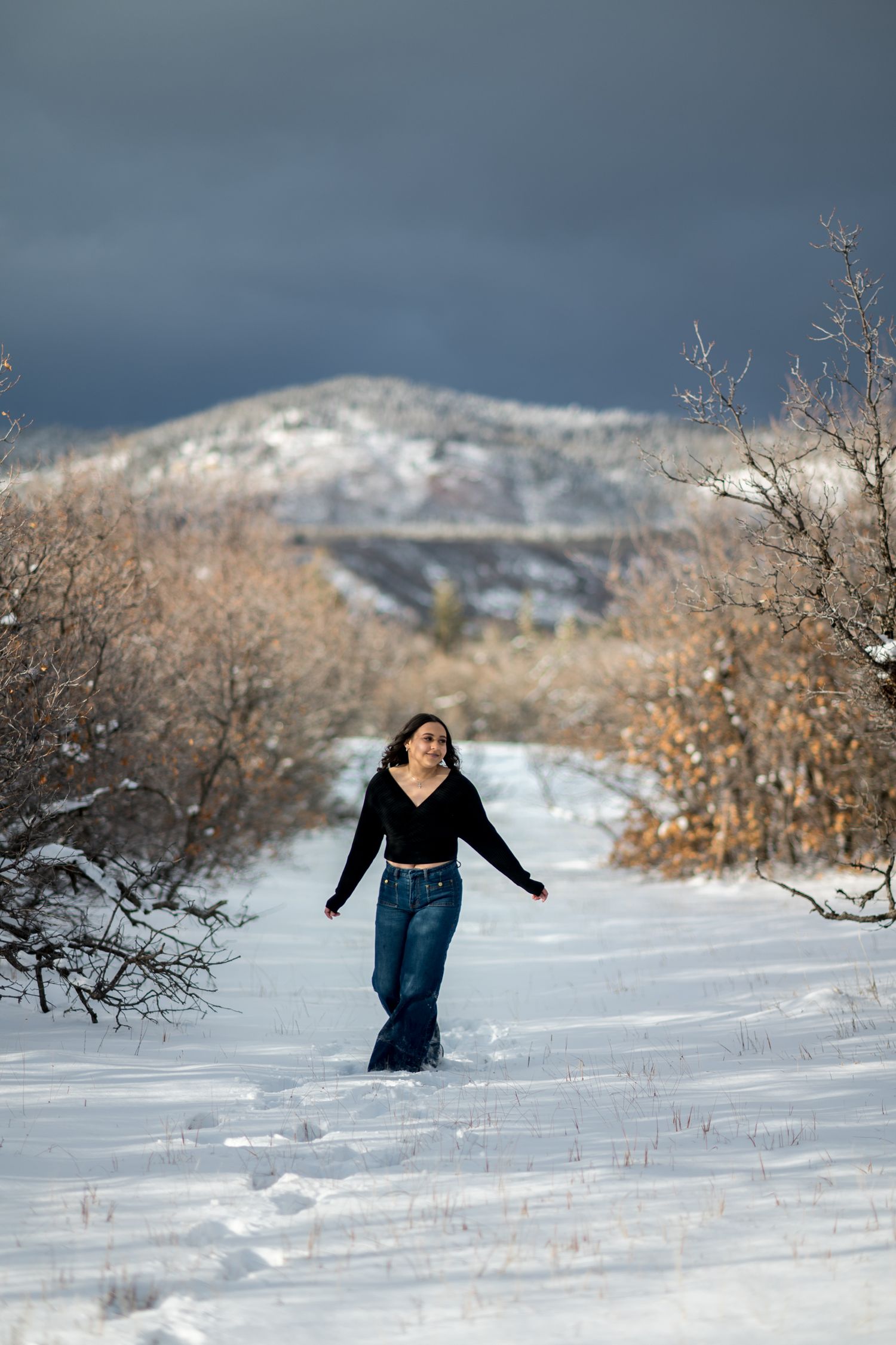 A person in dark clothing walks through deep snow on a winter hillside with bare trees against a stormy sky.