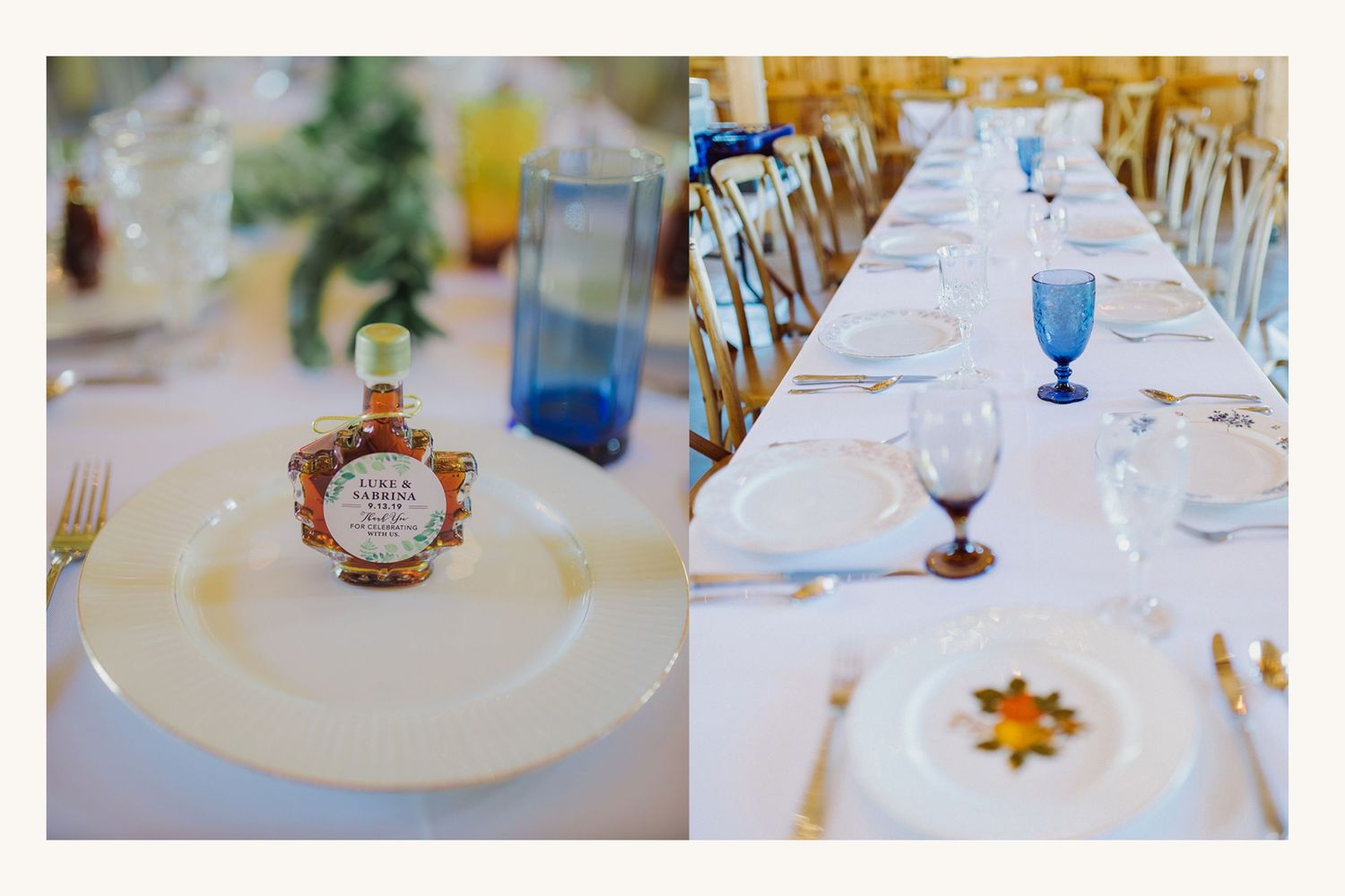 Elegant wedding reception table set with white plates, blue glassware, gold flatware, and personalized maple syrup party favors.