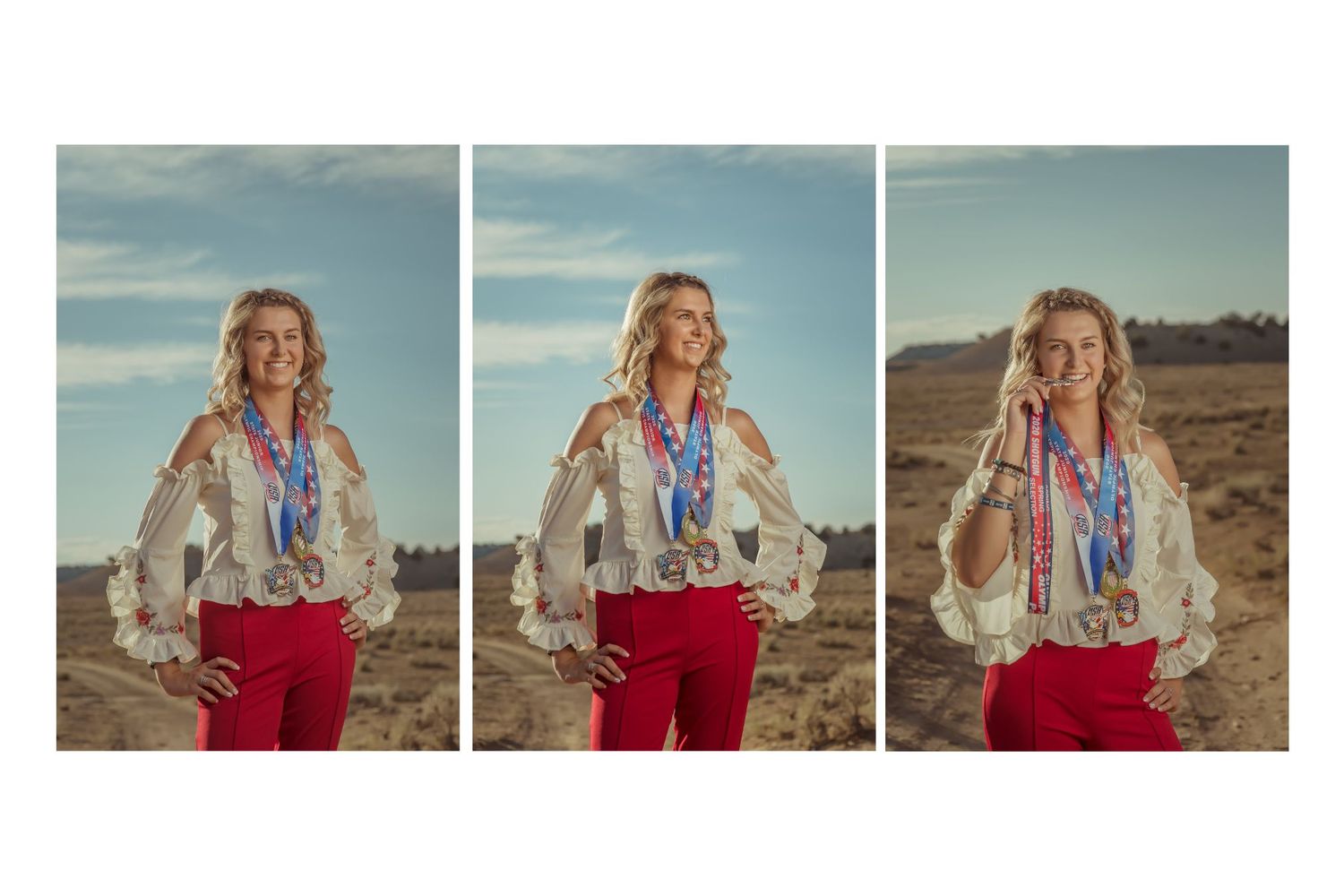 Woman in red pants and floral top proudly displays multiple medals in a desert landscape, shown in a triptych portrait.