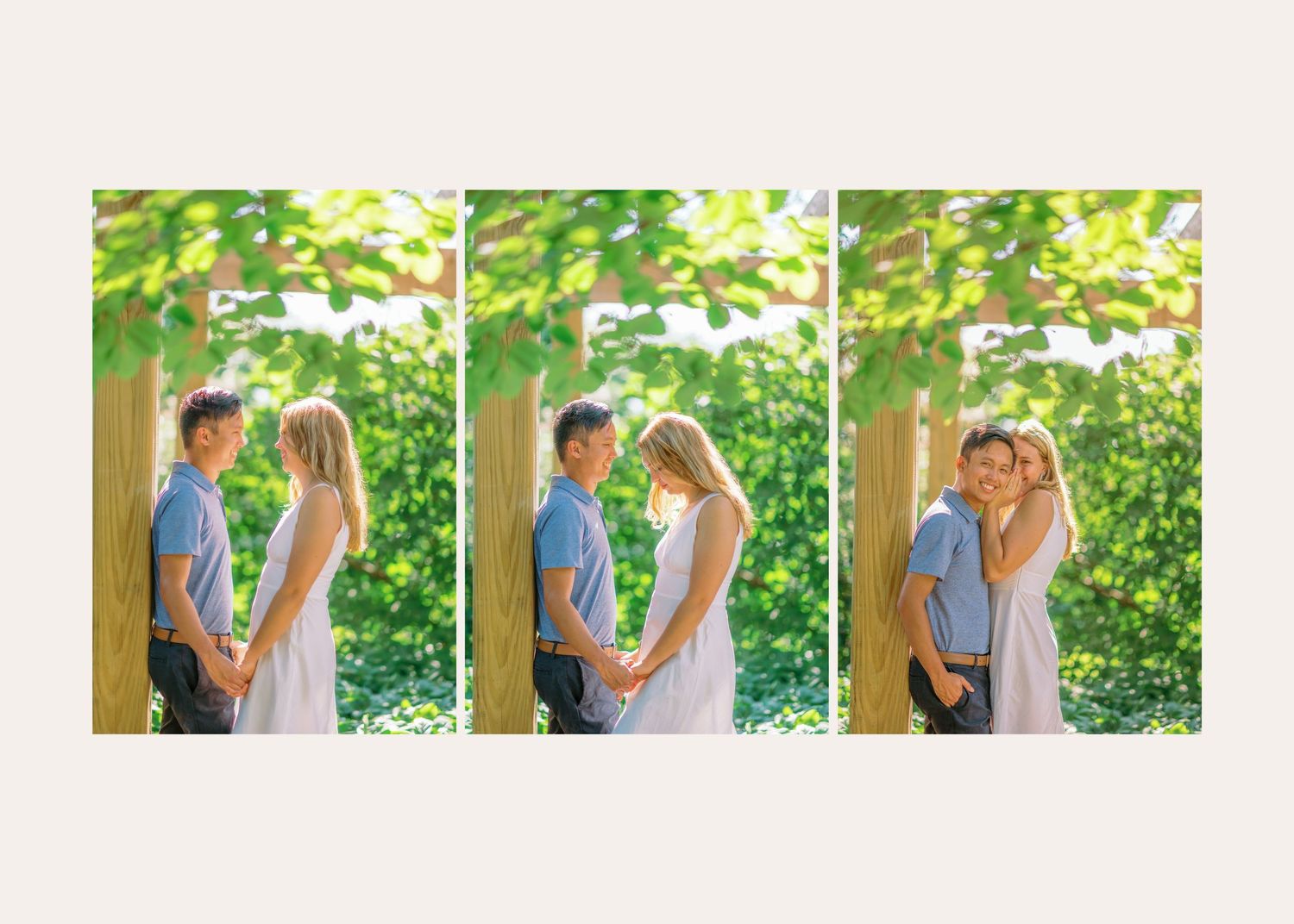 A couple shares a romantic kiss while bathed in golden sunlight filtering through green trees in a park setting.