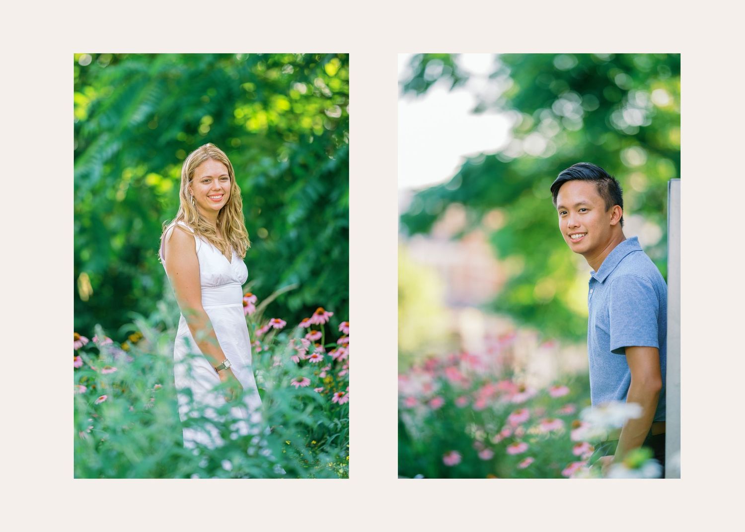 A couple poses together in a lush garden setting with blooming flowers and greenery during an outdoor photo session.