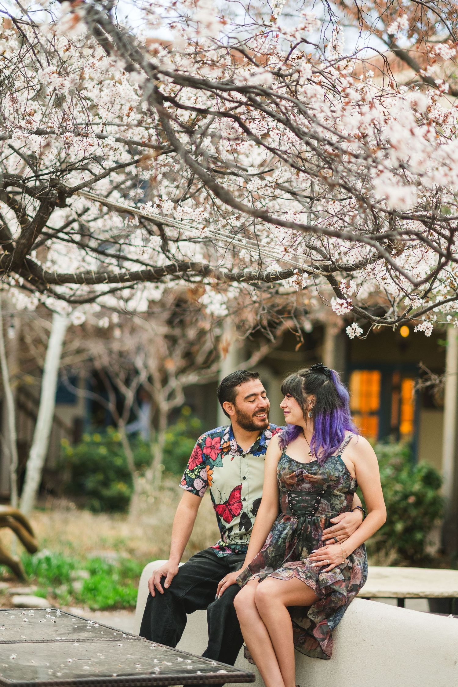 Couple sitting together under blooming cherry blossom tree, woman with purple hair in floral dress, man in butterfly shirt.