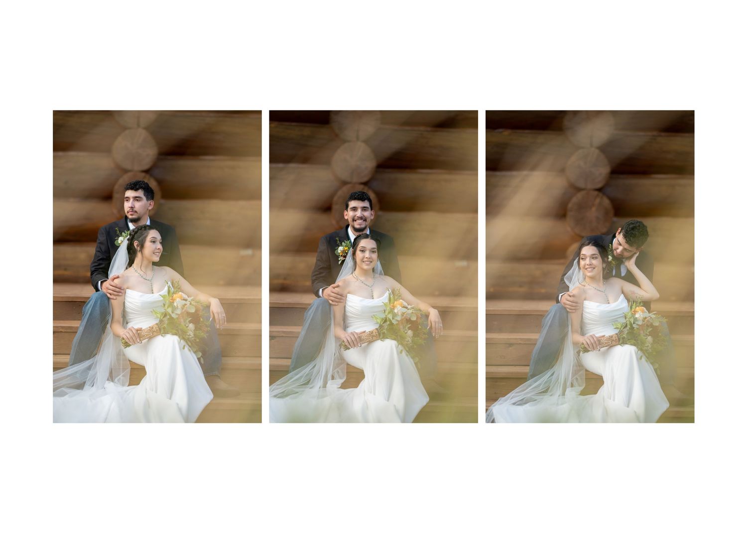 Three panels showing a romantic wedding photoshoot with a couple in elegant white and silver formal attire posing on stairs.