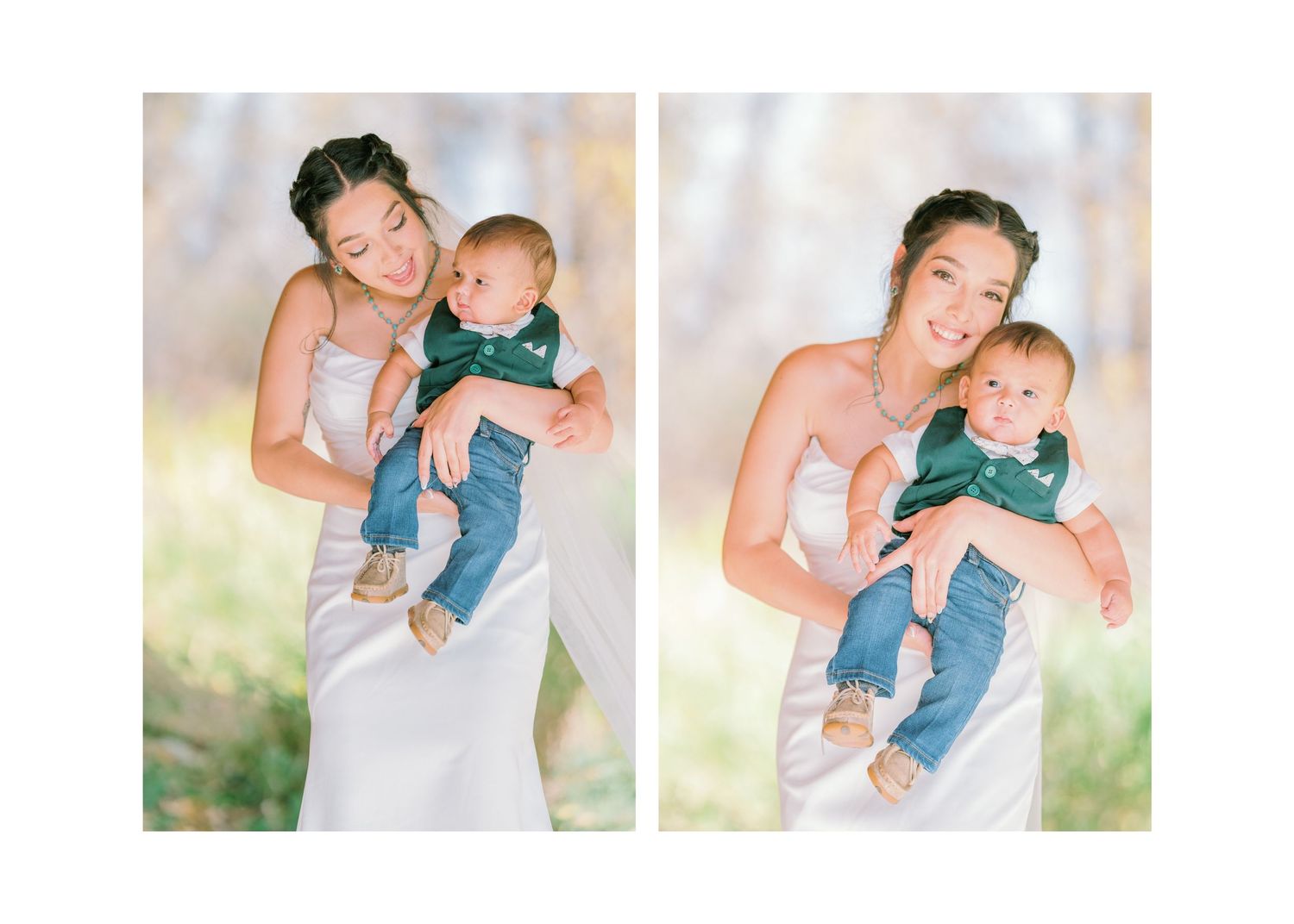 Two side-by-side outdoor portraits showing a parent in white dress holding a small child wearing blue denim against a soft background.
