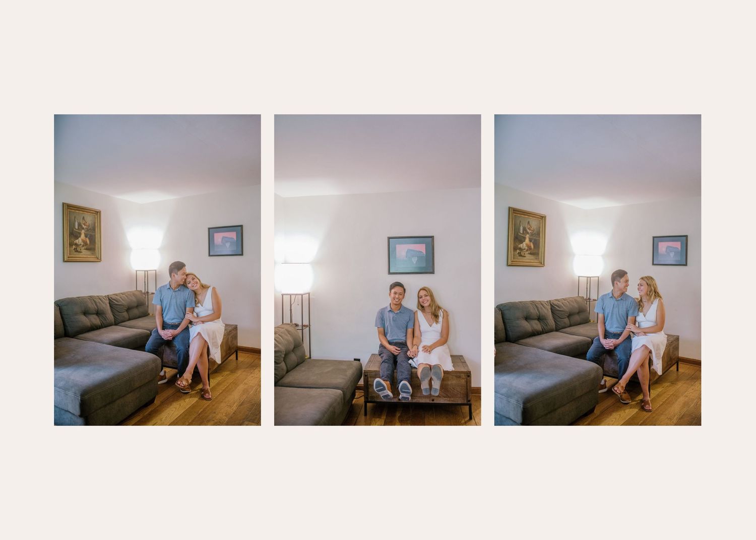 Two people wearing blue clothing sit together on a brown couch in a living room with framed artworks on the wall.