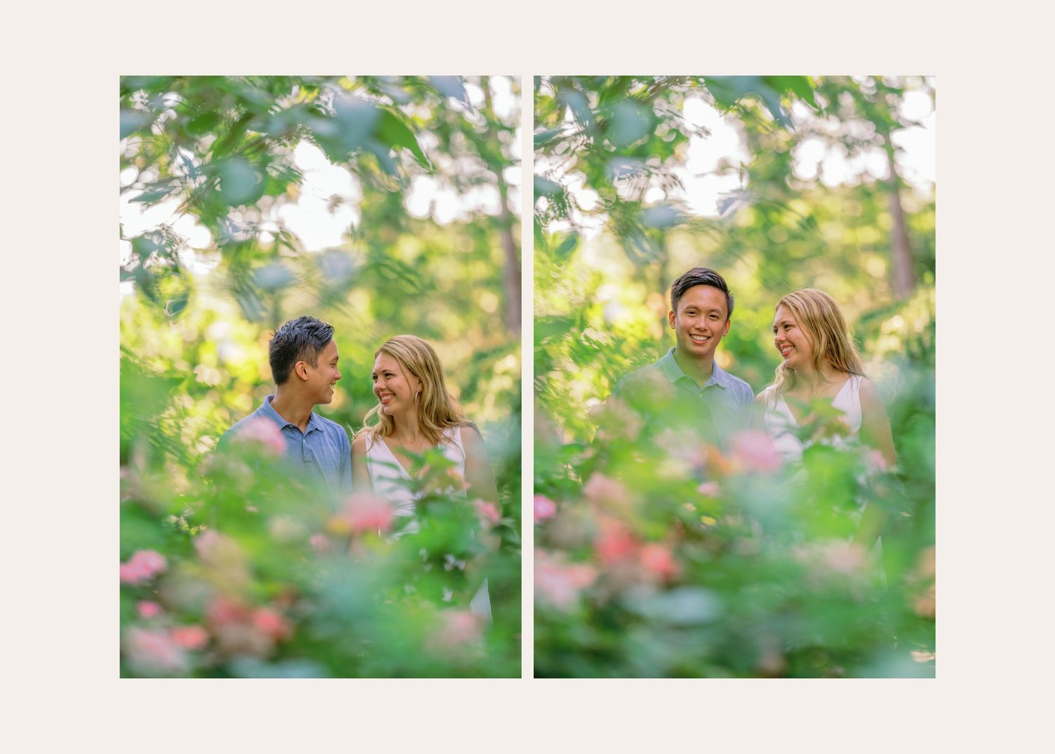 Three candid outdoor portrait photos with soft bokeh flowers in the foreground and backlit subjects enjoying summer moments.