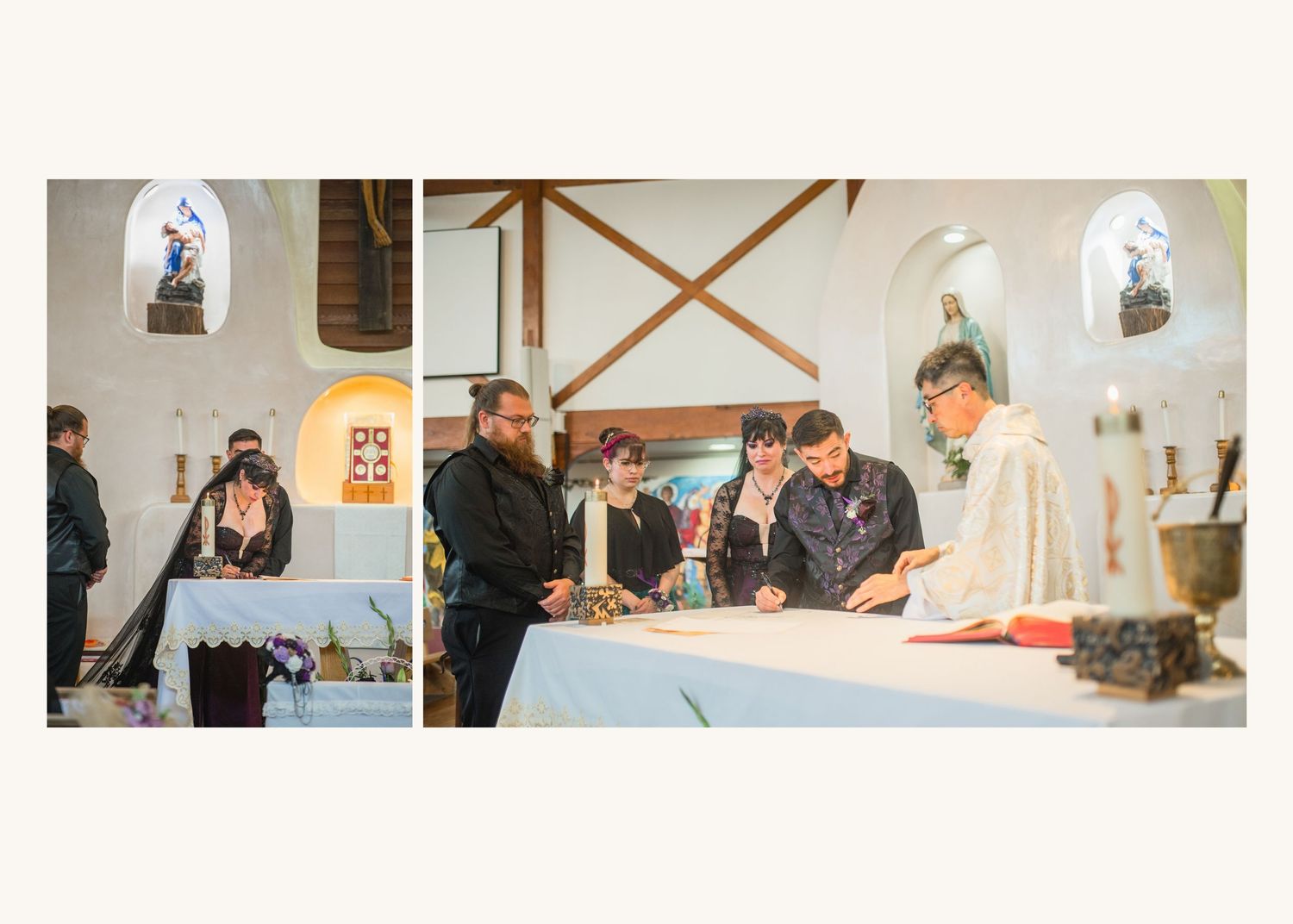 Guests signing wedding registry at church altar during ceremony with priest officiating in white vestments.