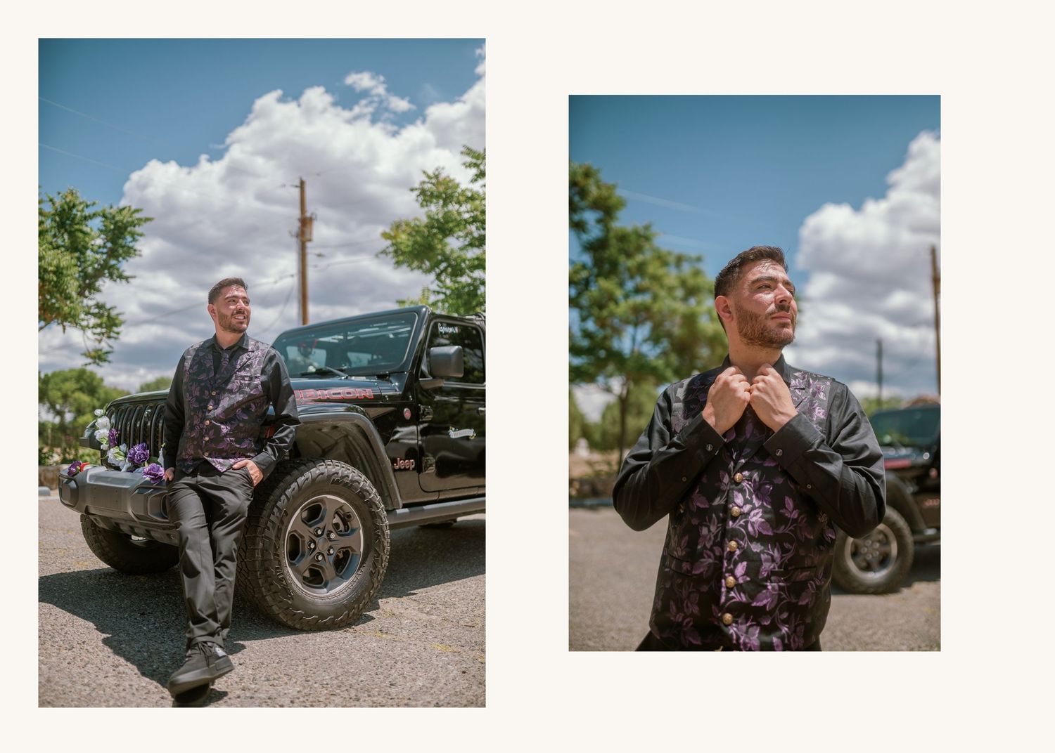 Man in floral shirt and leather jacket leaning against black Jeep outdoors, adjusting collar in sunny weather.