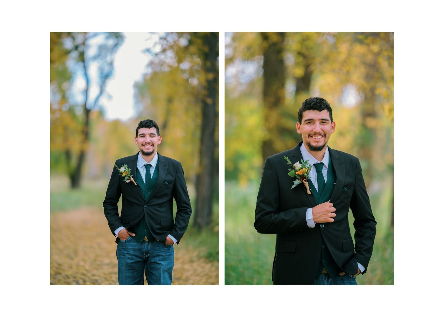 A series of outdoor autumn wedding portraits showing someone in a navy suit against scenic fall backgrounds.