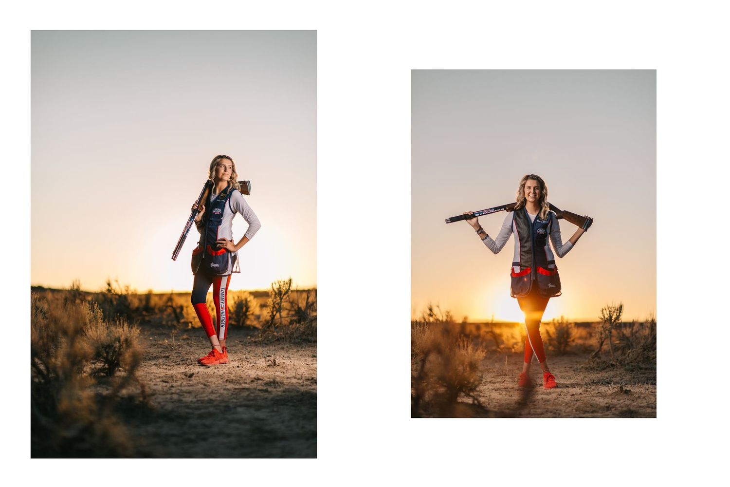 Woman in red boots and traditional outfit poses with a rifle at golden hour in a desert landscape.