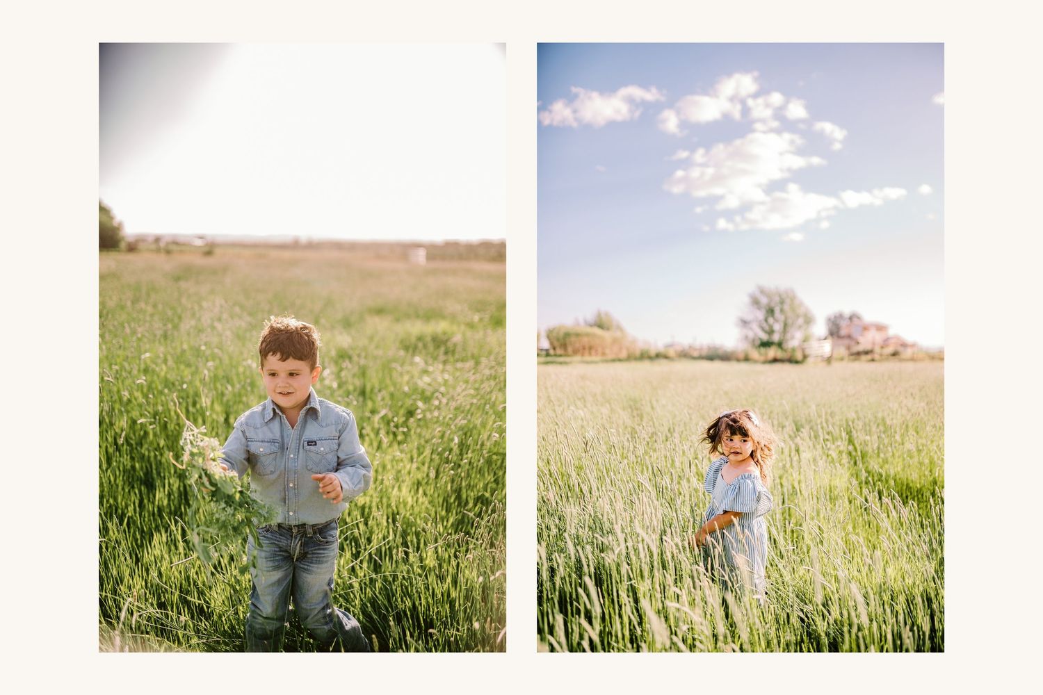 Two young children standing in tall green grass fields under blue skies, captured in a charming split outdoor portrait.