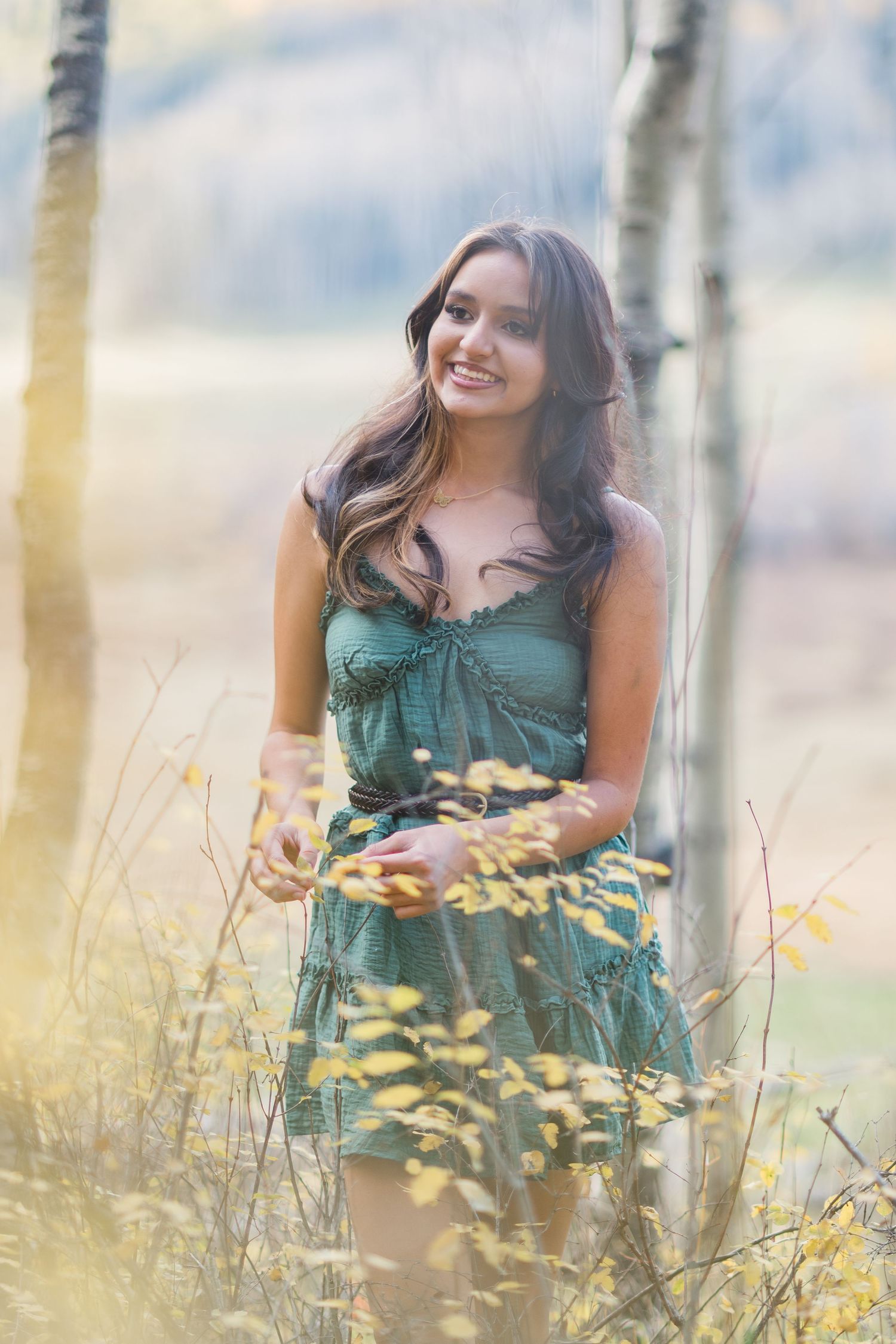 A woman in a green dress sits among yellow wildflowers in a dreamy summer meadow at golden hour.