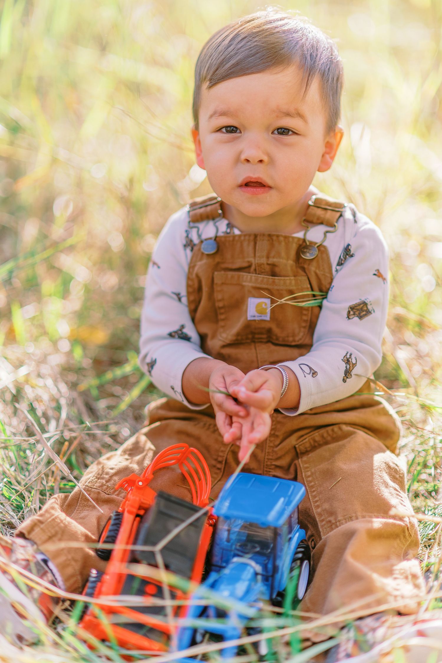 A small child in brown overalls plays with colorful toy trucks while sitting in dry grass on a sunny day.