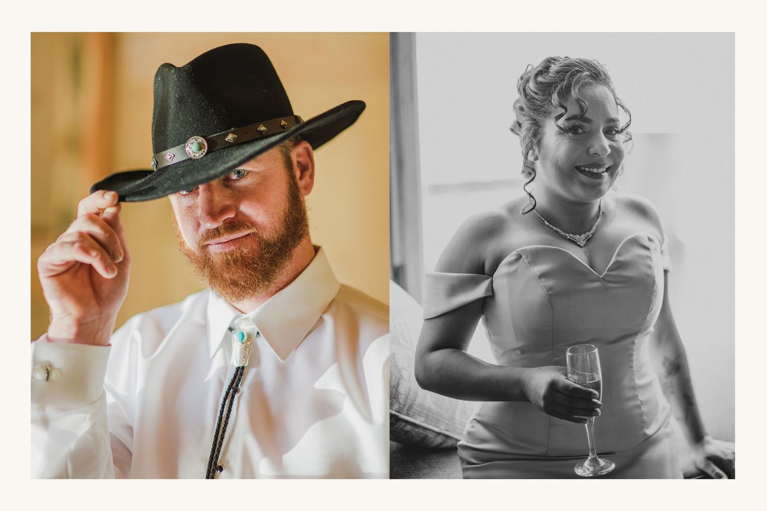 Split photo: man in black cowboy hat and bolo tie adjusting brim; woman in strapless dress holding wine glass, black and white.