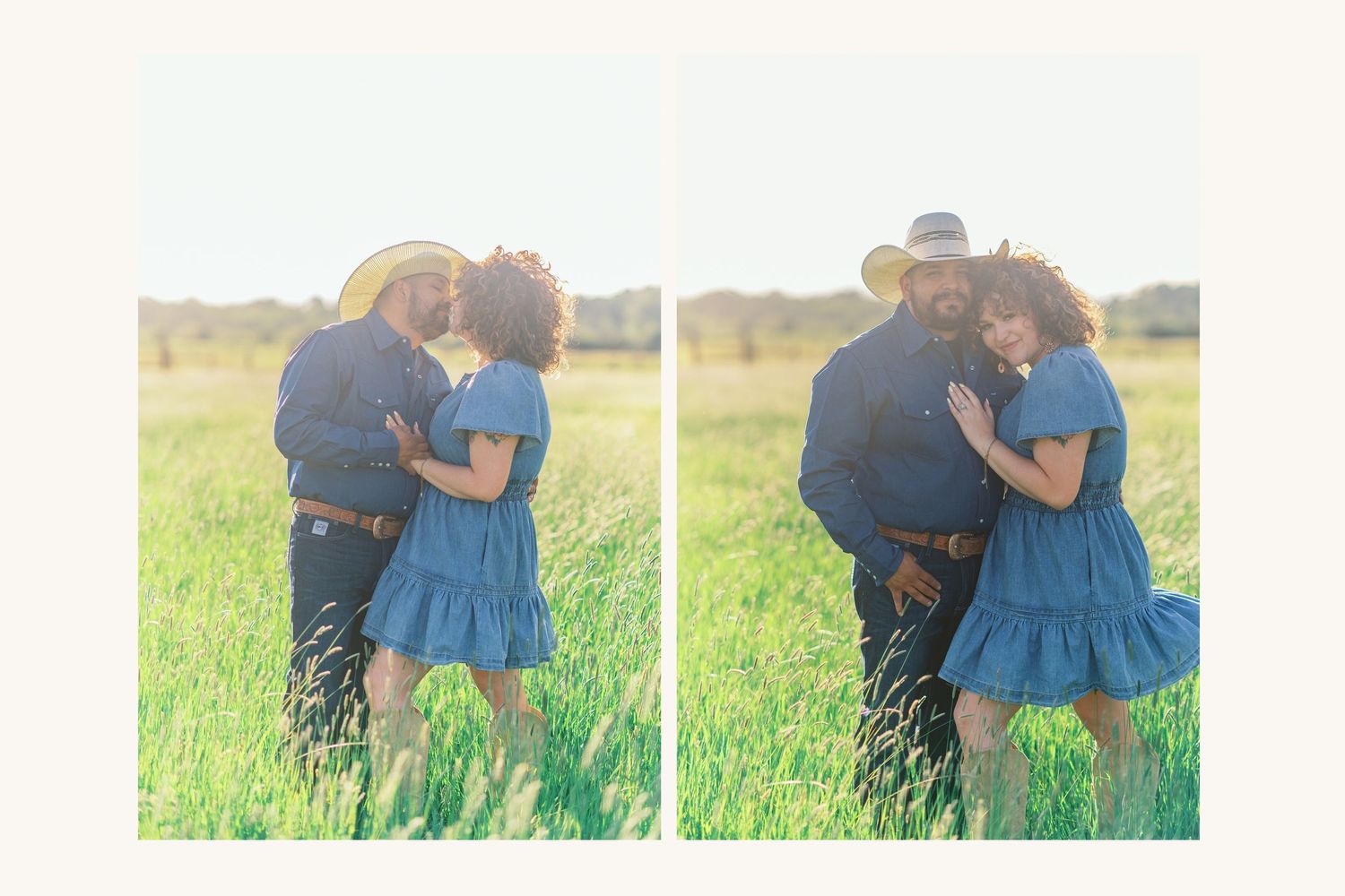 Couple embracing in a green field, woman in blue dress and man in cowboy hat, romantic outdoor photography.